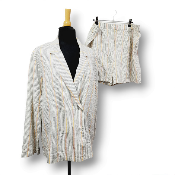 Wild Fable Ivory Double-Breasted Vertical Striped Linen Short Suit Plus Size XXL - Picture 3 of 16